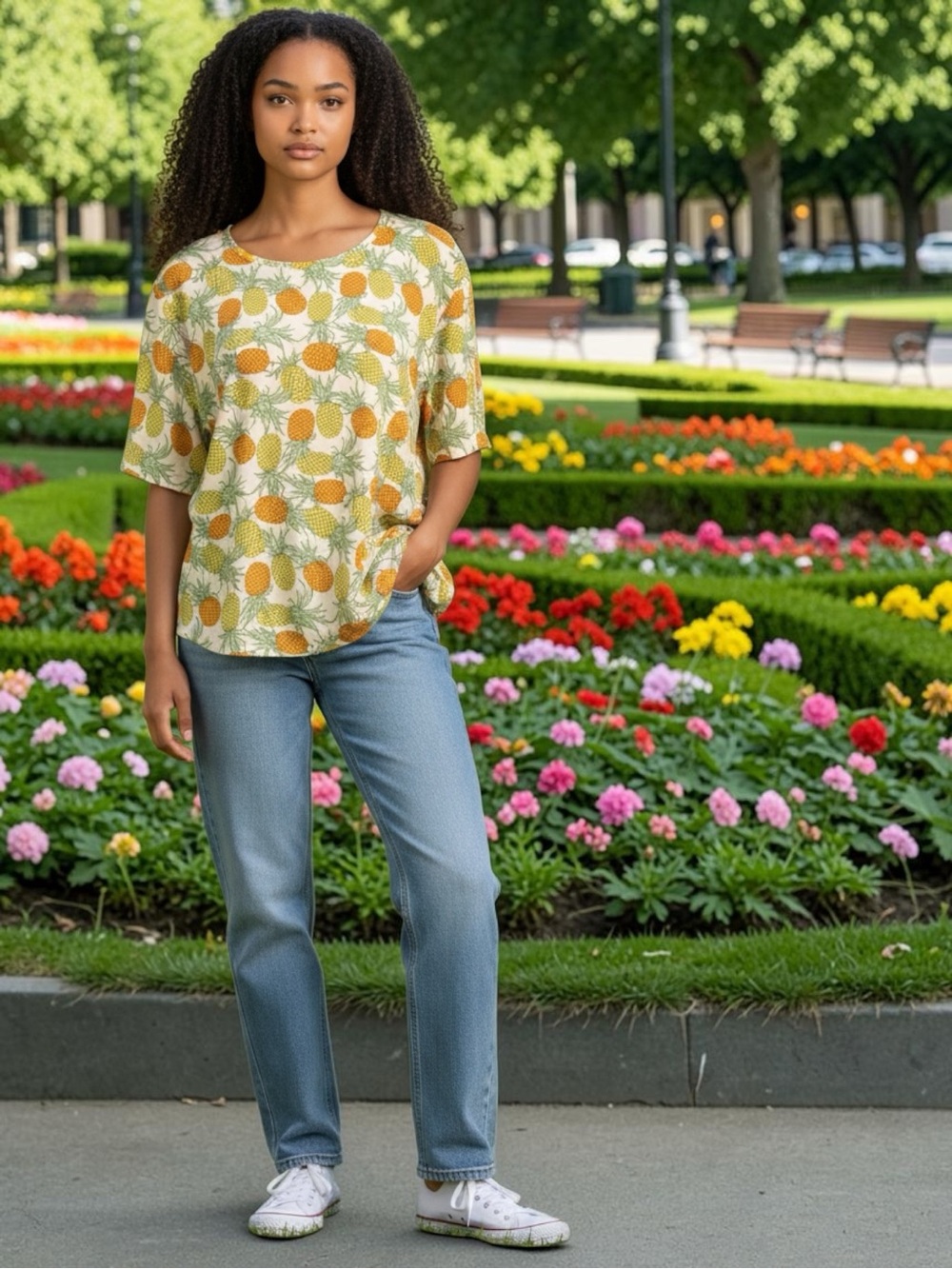 NWT Equipment Short-Sleeve Pineapple Print Blouse in Cream and Yellow-Orange